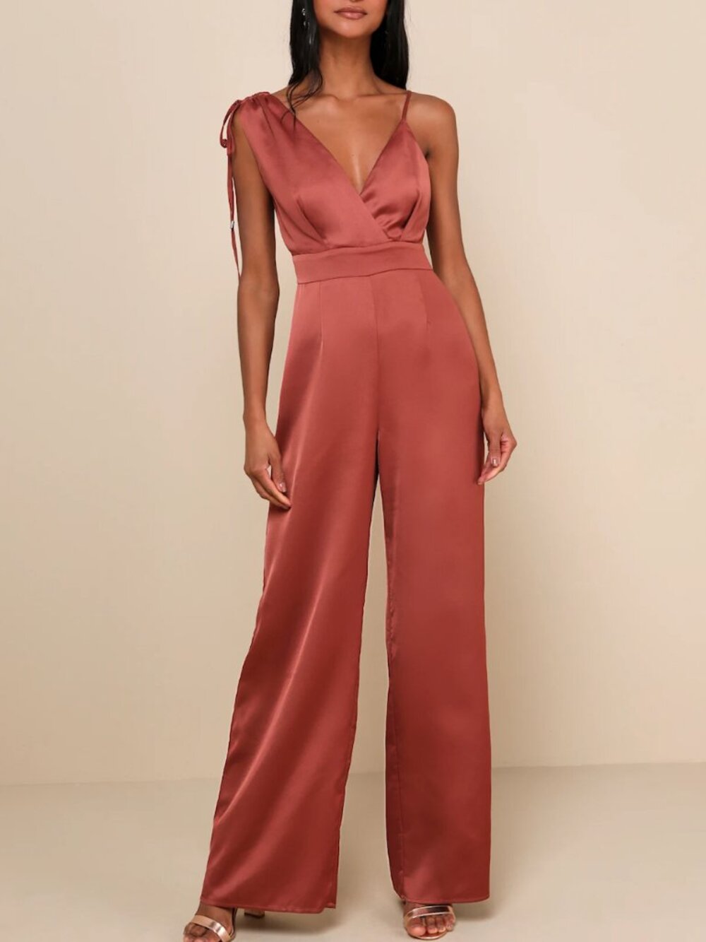 Lulus Look of Luxe Rusty Rose Satin Asymmetrical Wide-Leg Jumpsuit